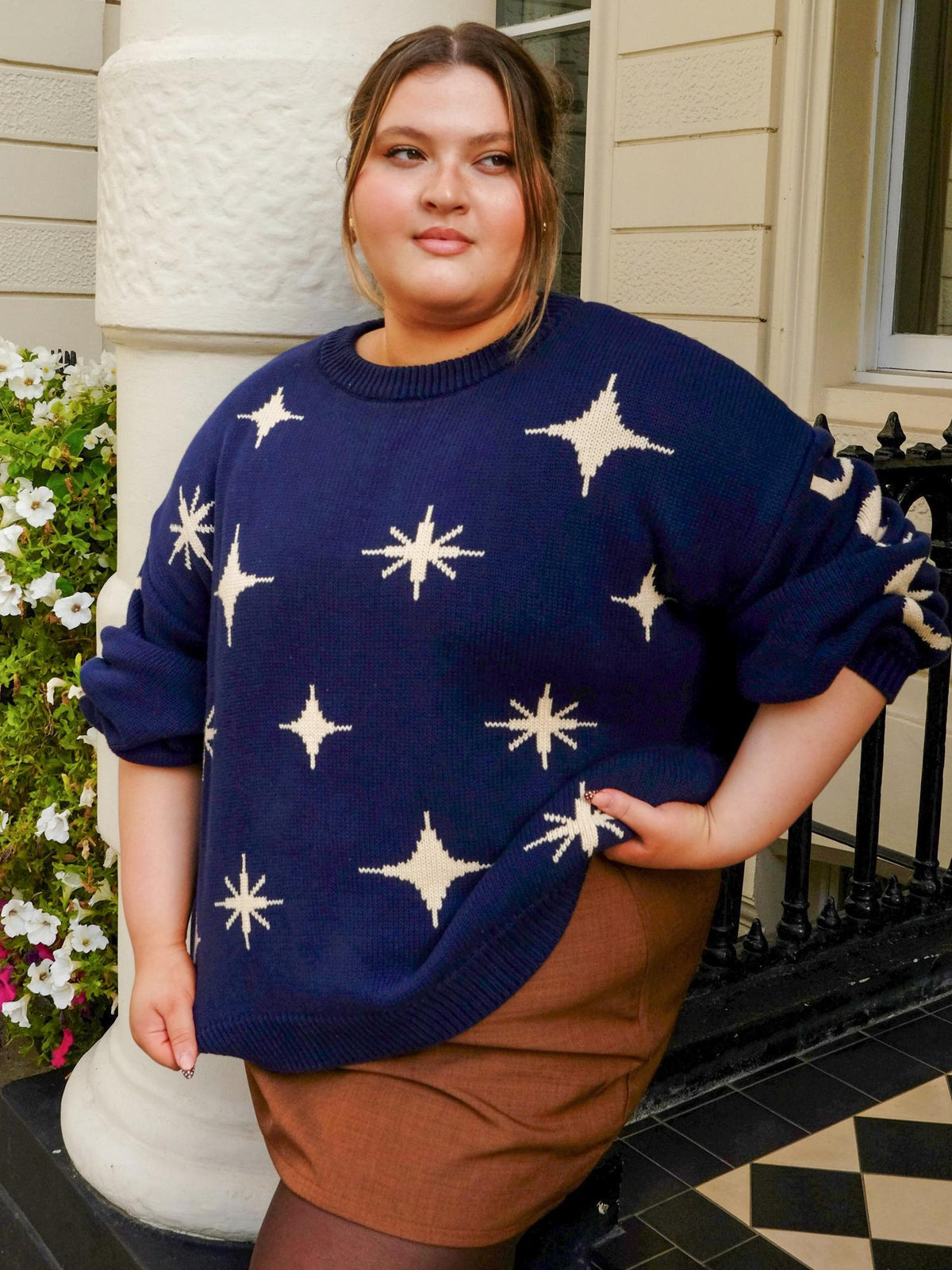 Chunky Strickpullover – Stars – Navy/Creme