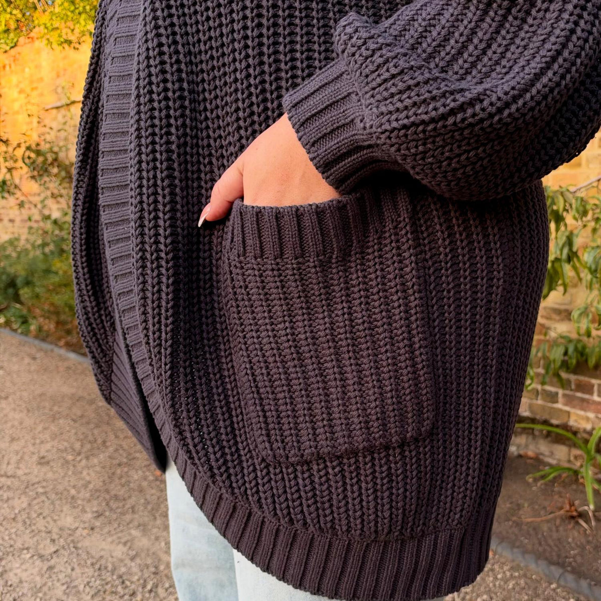 Chunky Baumwoll-Strickjacke – Anthrazit