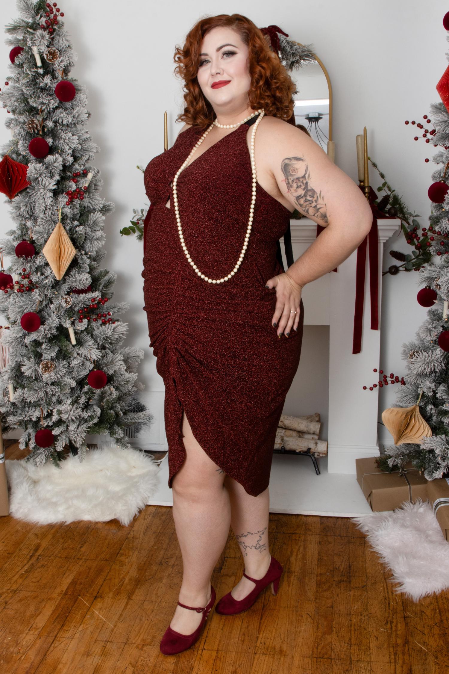 Sukienka z lureksu z dekoltem halter - Bordeaux