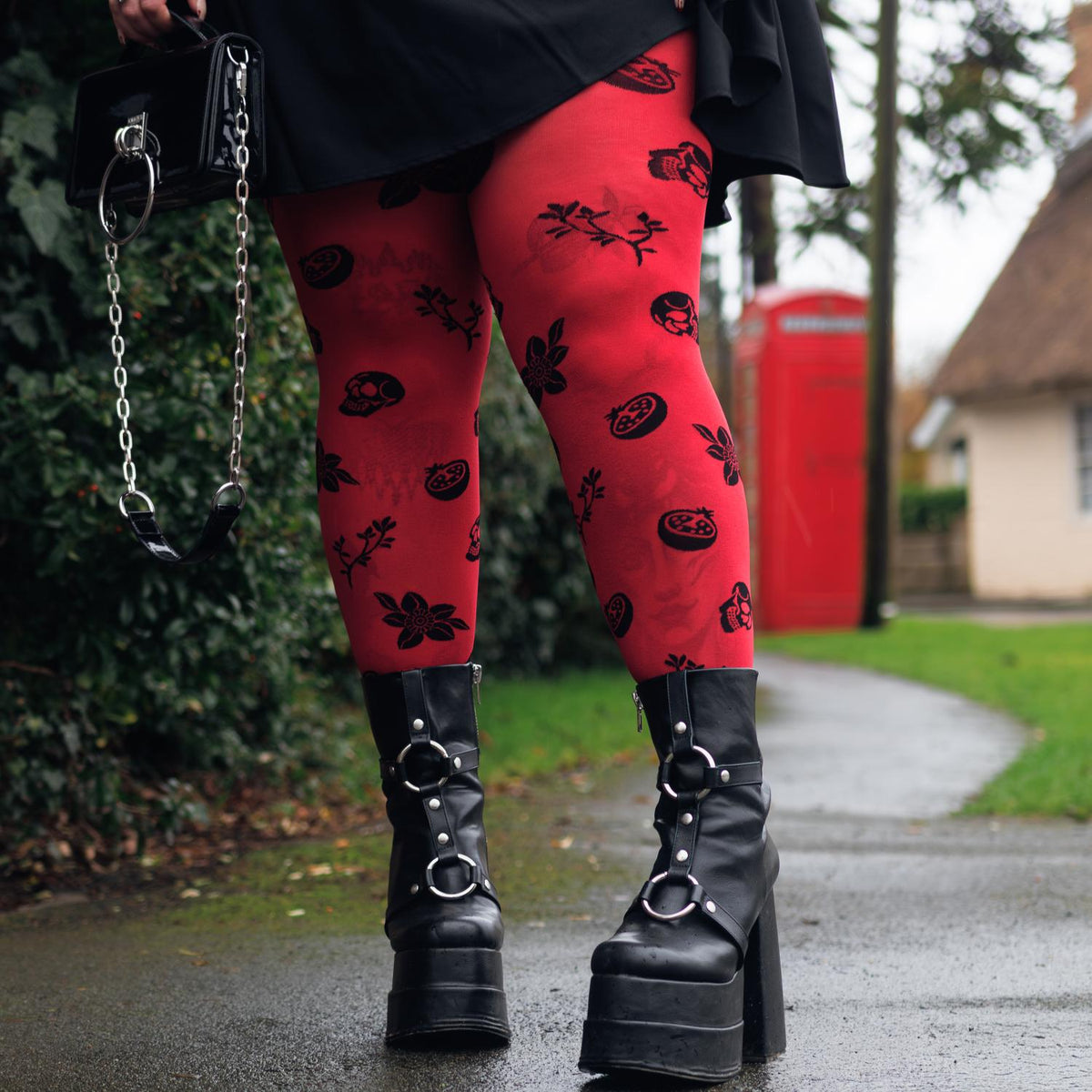 80 Den Blickdichte Strumpfhose - Danu Skull Flower - Blutrot