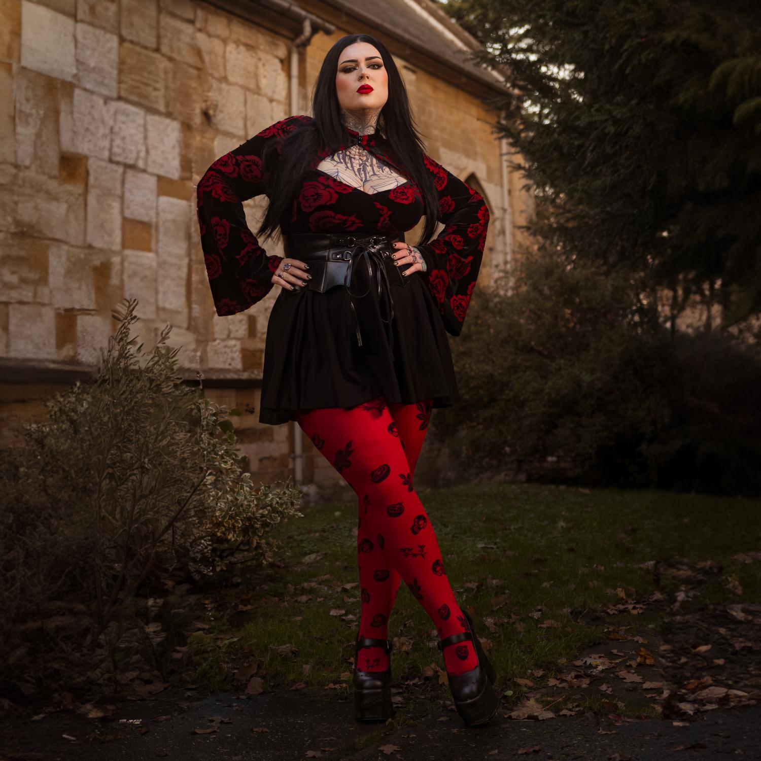 80 Denier Strumpfhosen - Danu Skull Flower - Blood Red