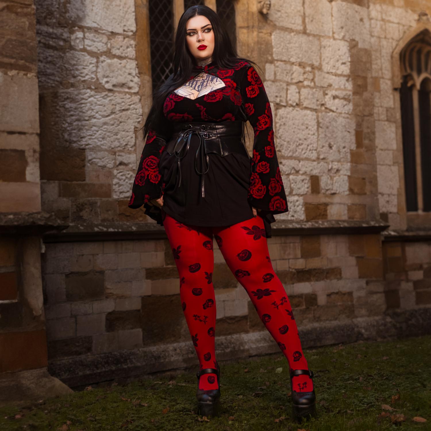 80 Denier Strumpfhosen - Danu Skull Flower - Blood Red