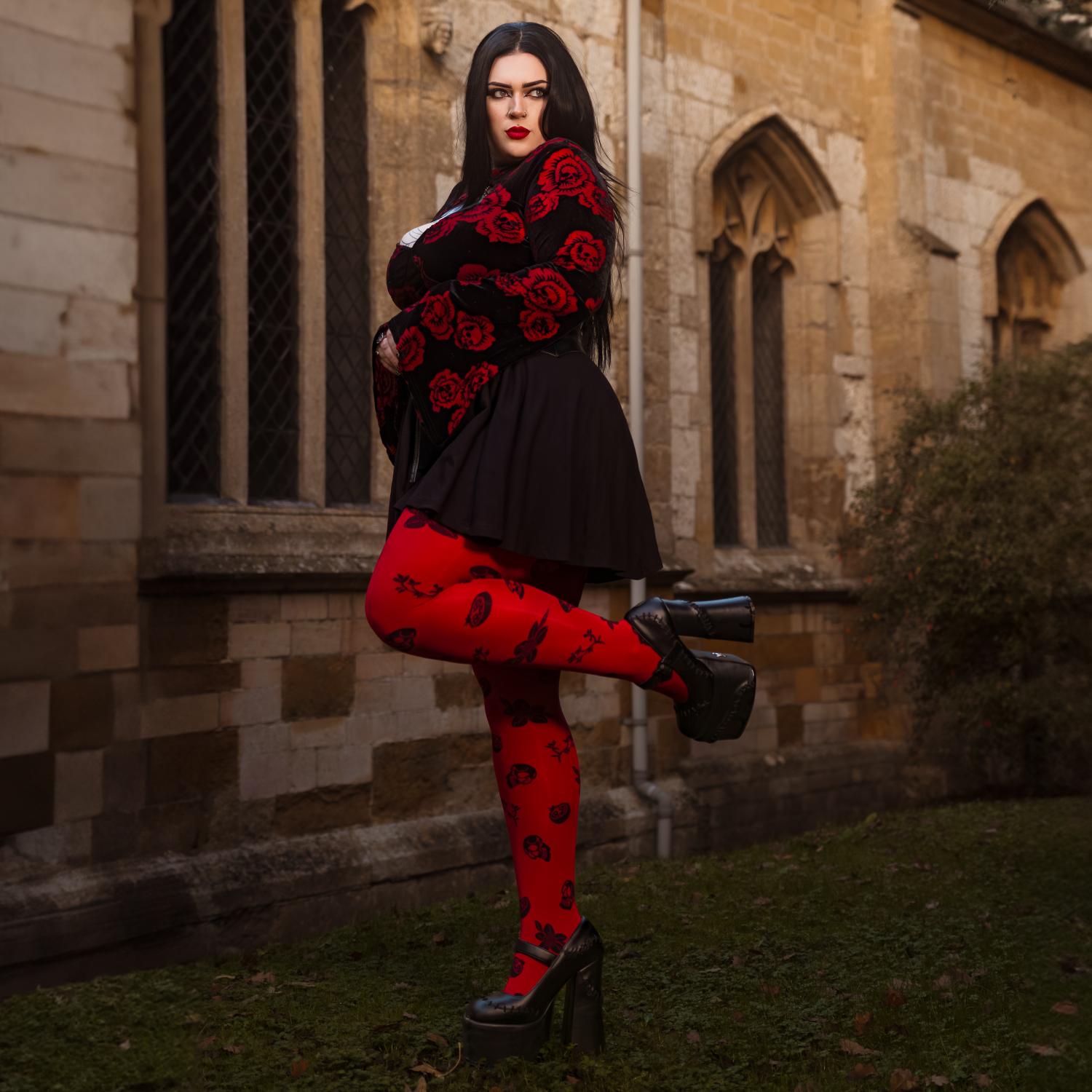 80 Denier Strumpfhosen - Danu Skull Flower - Blood Red