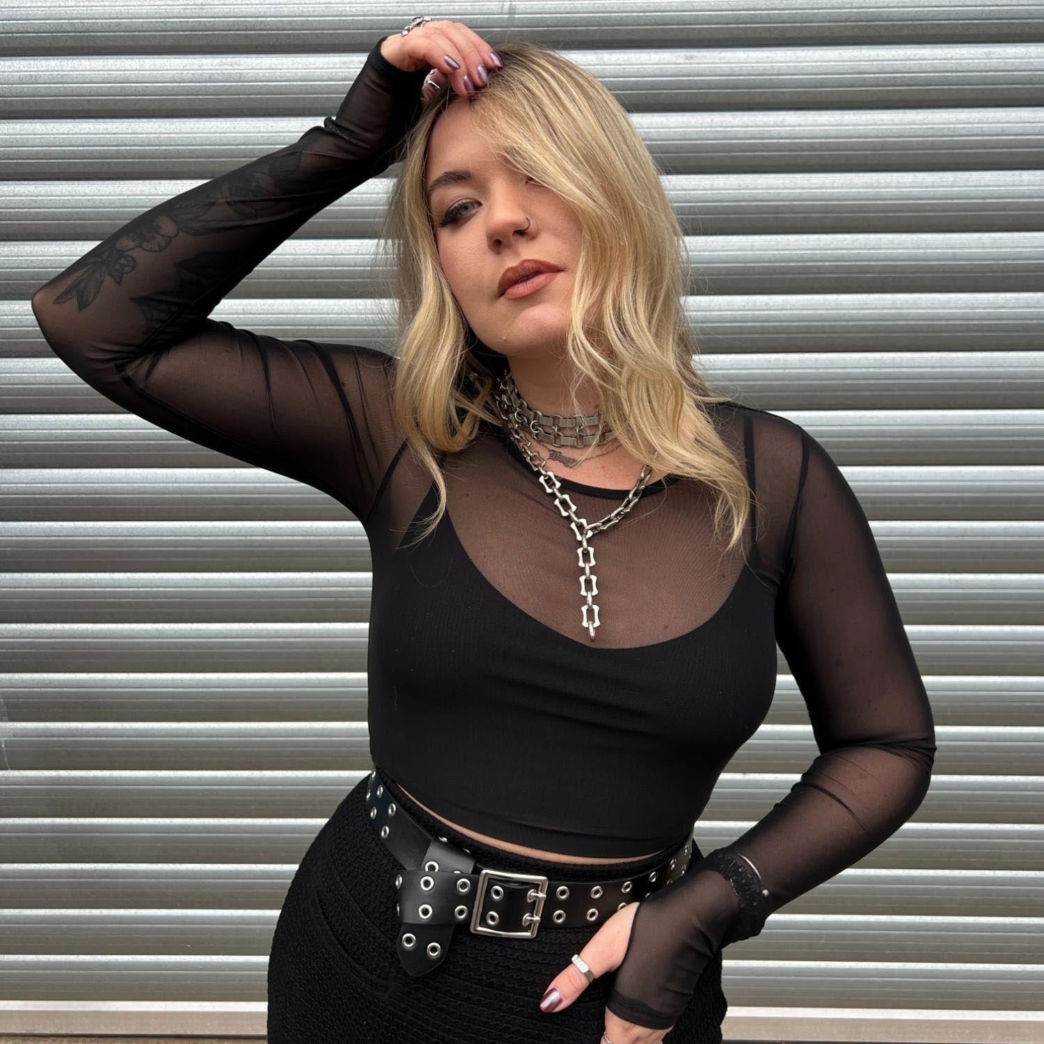 Cropped Mesh Top - Schwarz