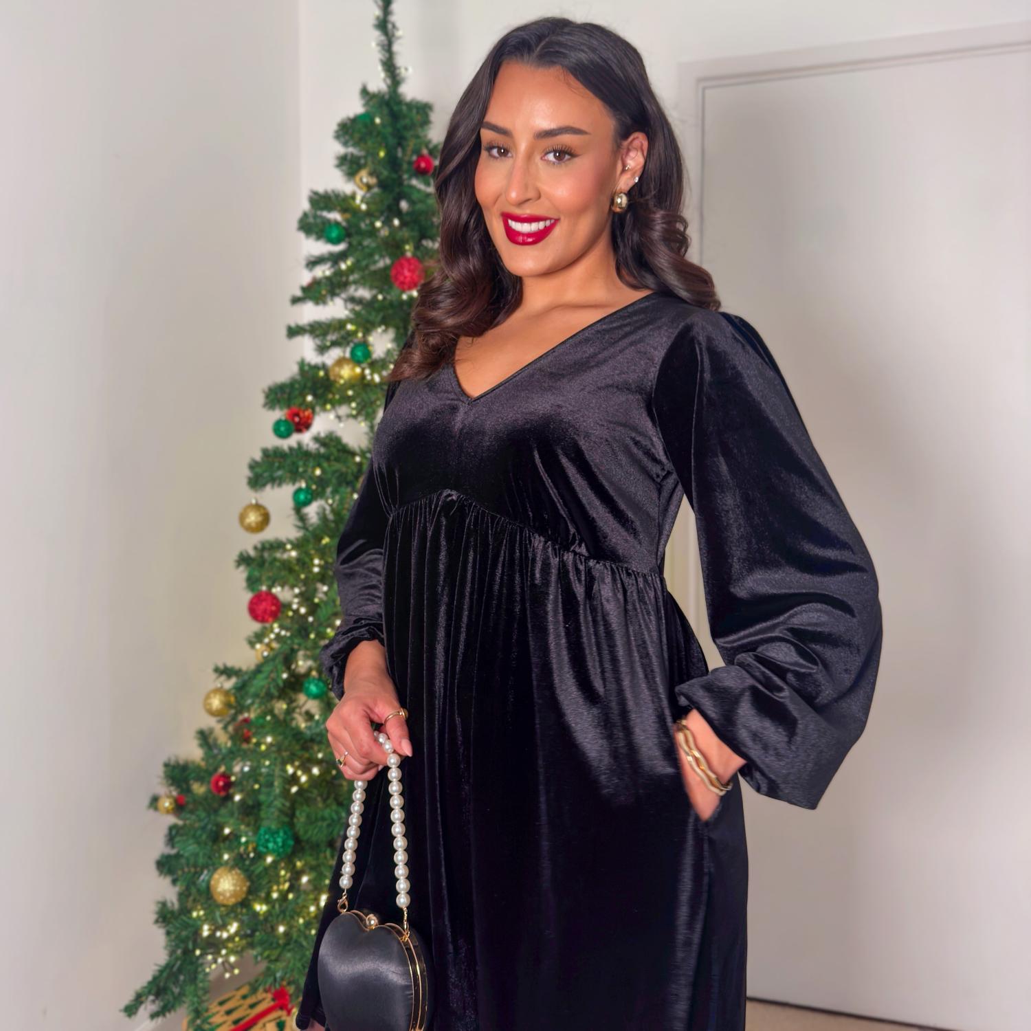 Samt-Babydoll-Kleid – Schwarz