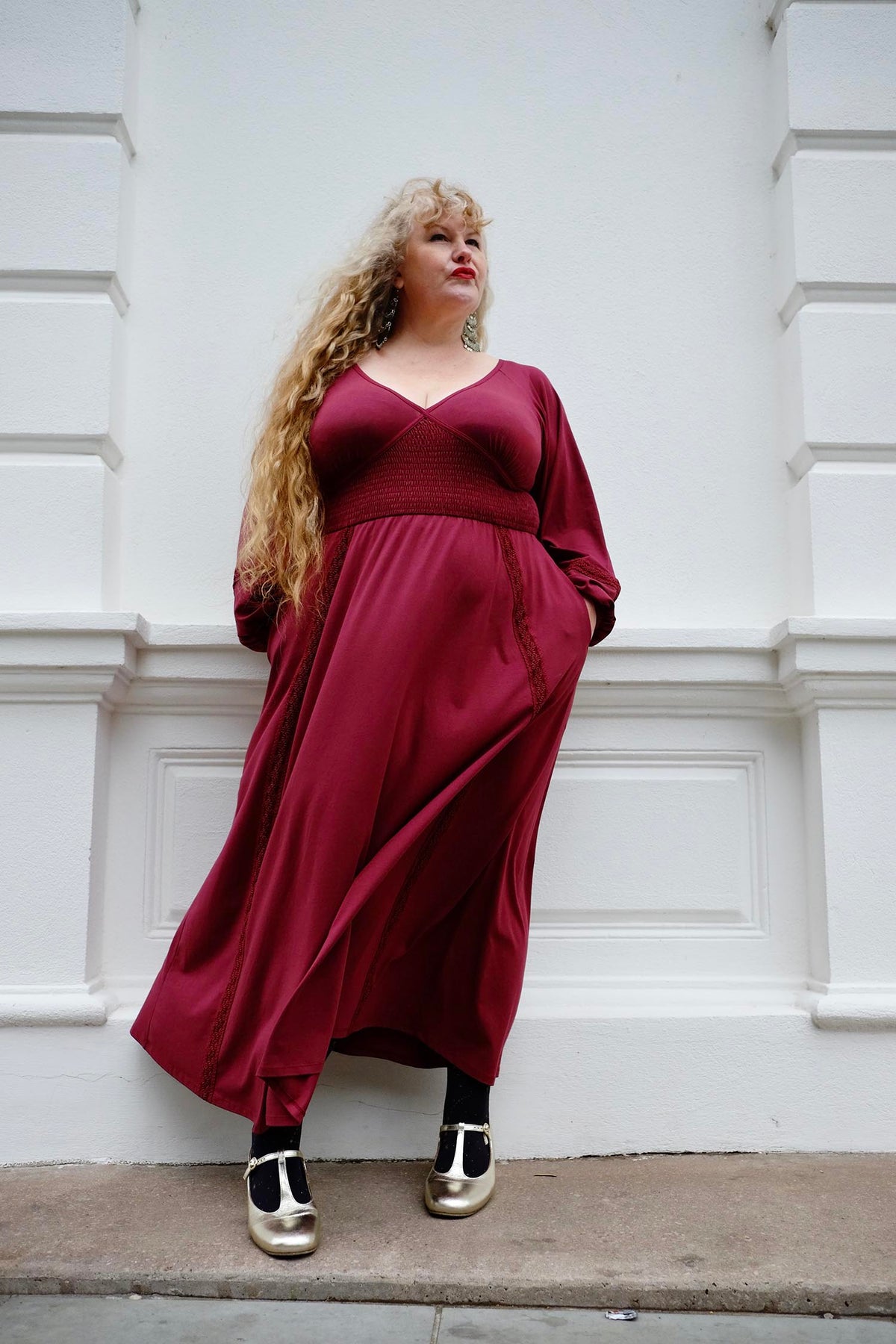 Skye Kleid mit Ballonärmeln und Spitzenbesatz - Burgundy