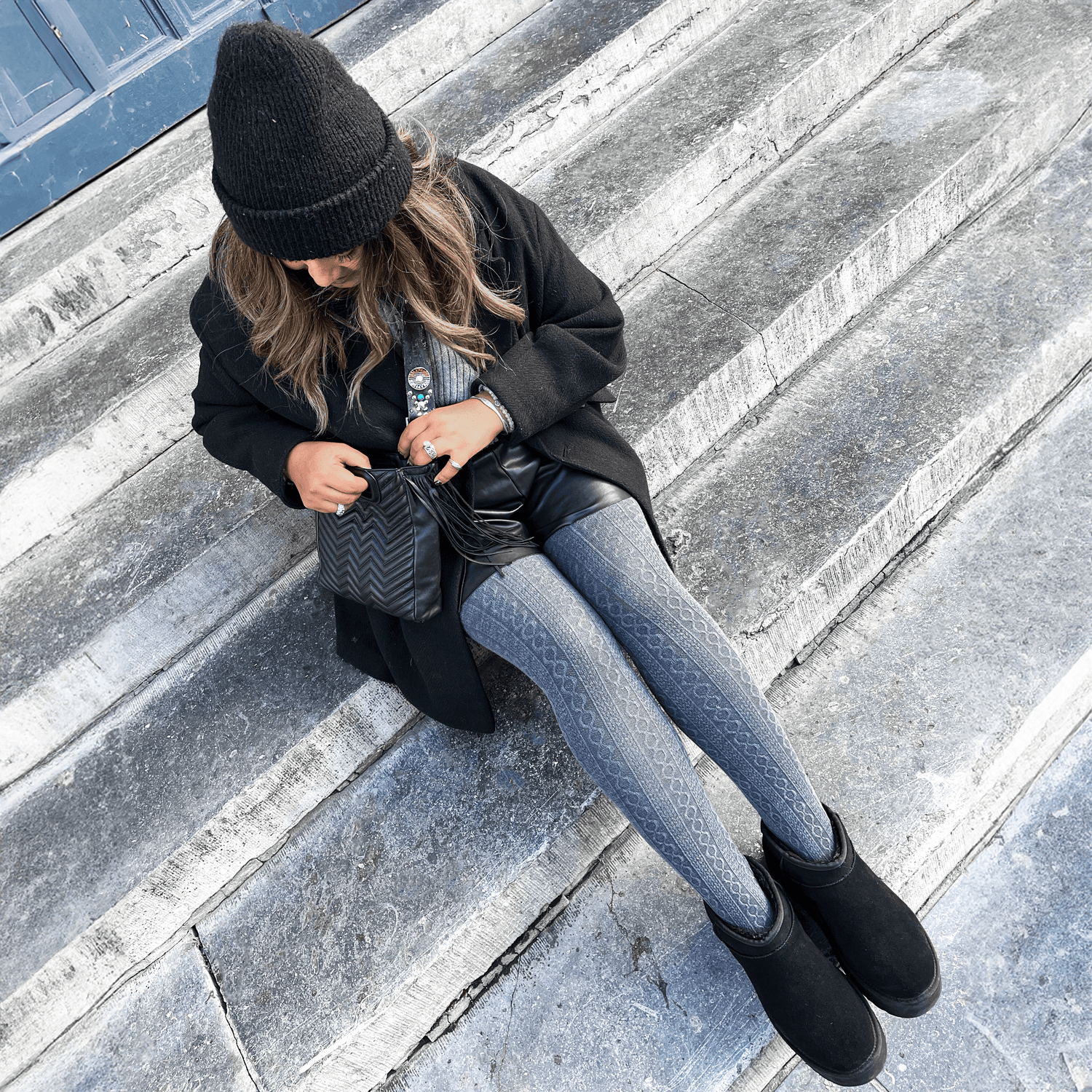 Grannies Zopfstrick Wollstrumpfhosen - Schiefergrau (V2)