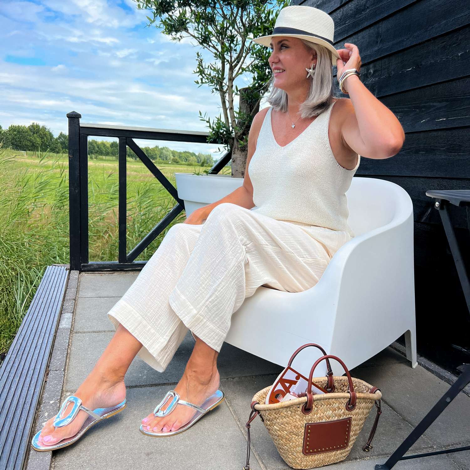 Noor Weite Hose aus Baumwoll-Musselin – Creme