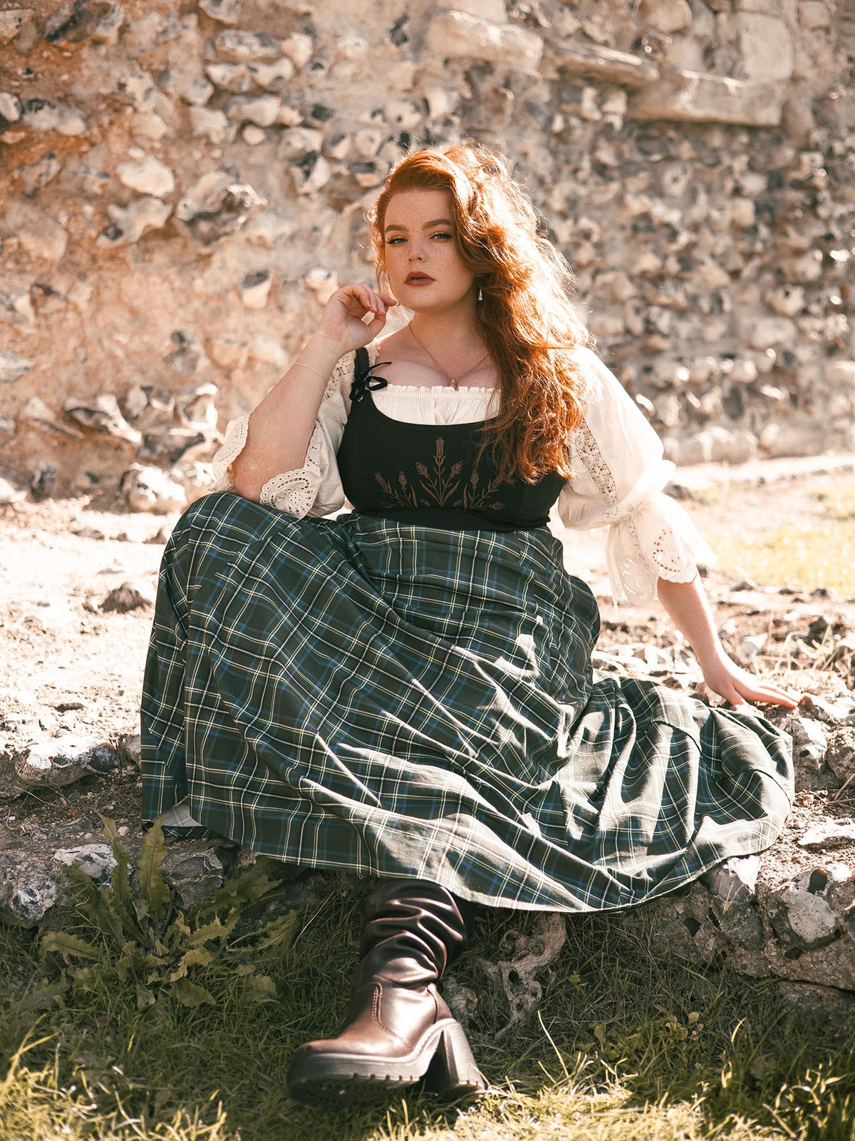 Islay Jersey-Maxirock in A-Linie - Green Tartan