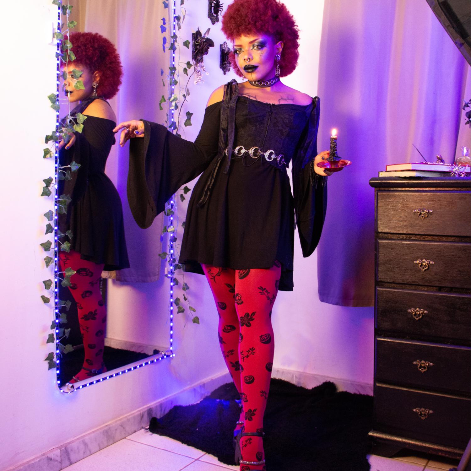 80 Denier Strumpfhosen - Danu Skull Flower - Blood Red