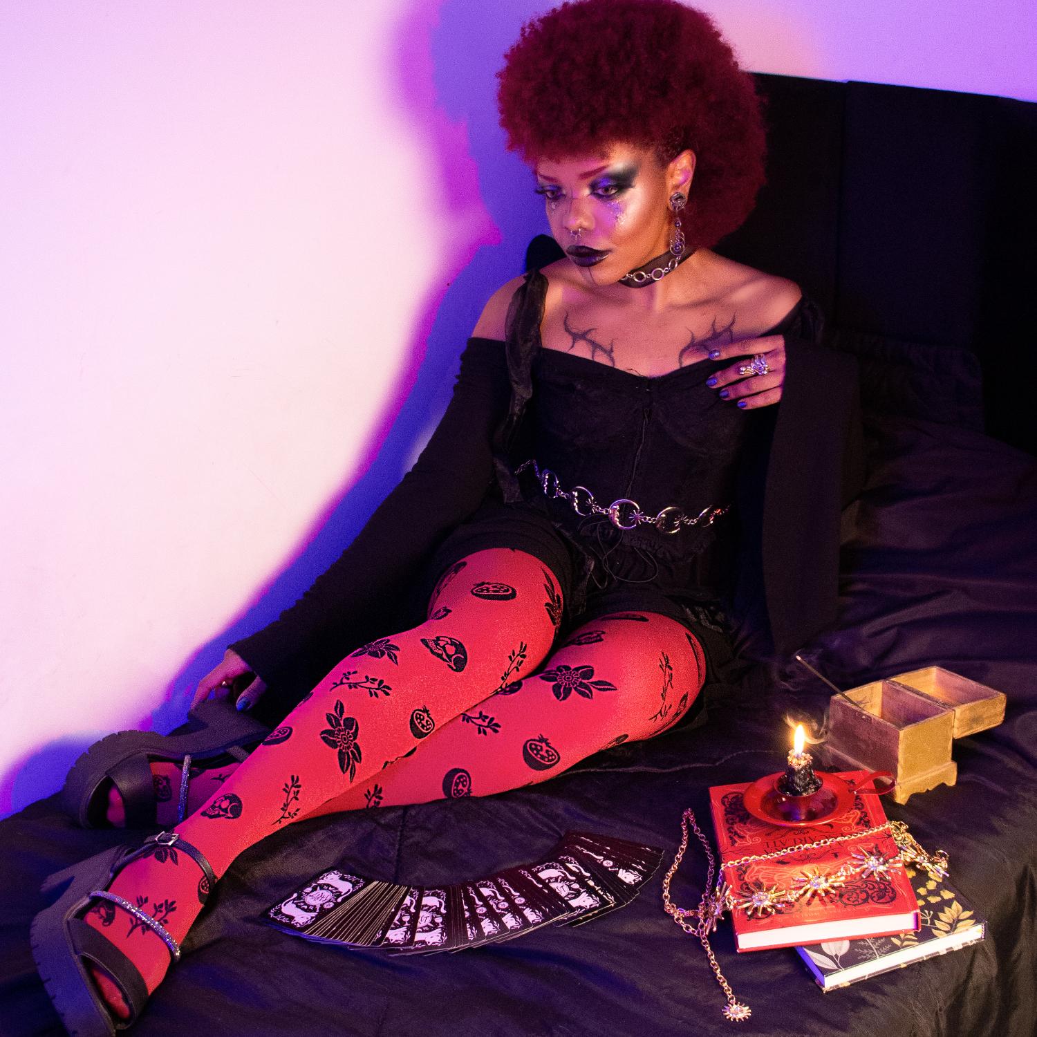 80 Denier Strumpfhosen - Danu Skull Flower - Blood Red