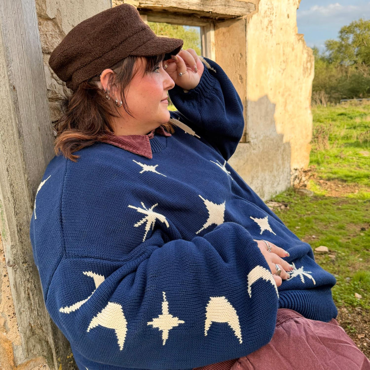 Chunky Strickpullover – Stars – Navy/Creme