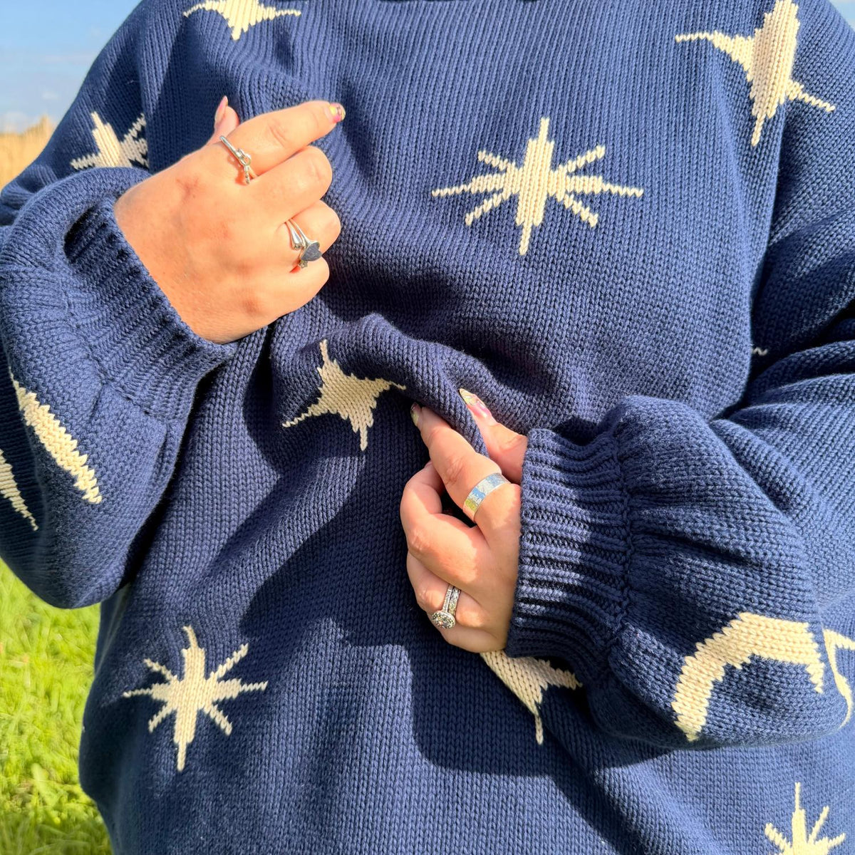 Chunky Strickpullover – Stars – Navy/Creme