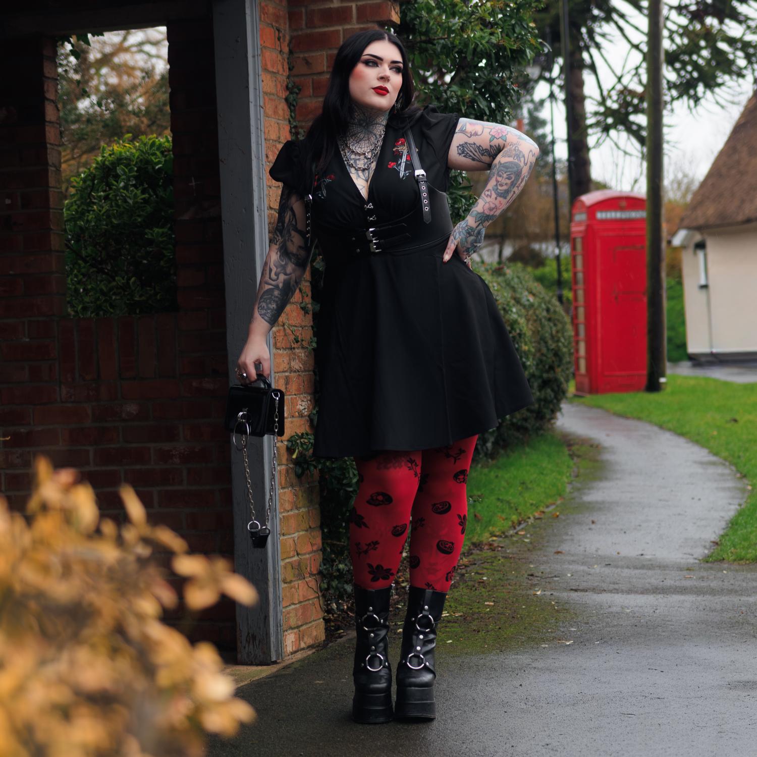 80 Denier Strumpfhosen - Danu Skull Flower - Blood Red