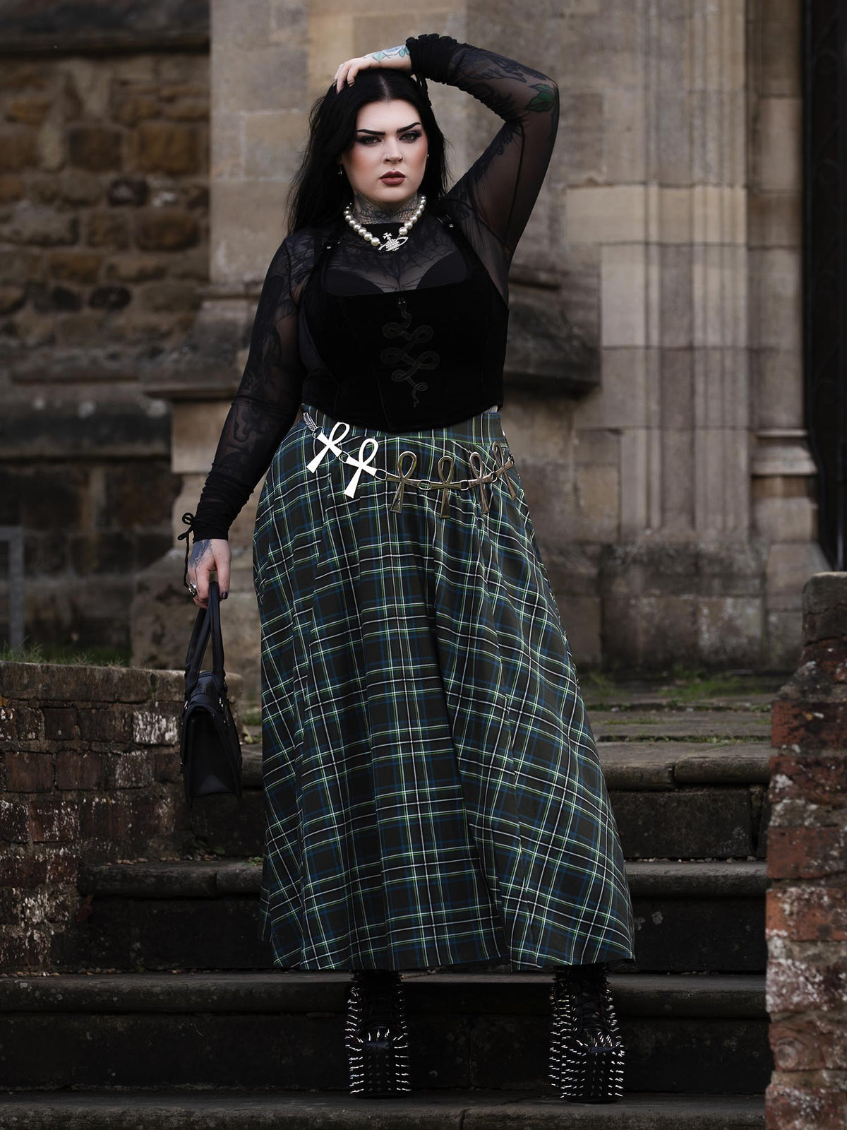 Islay Jersey-Maxirock in A-Linie - Green Tartan