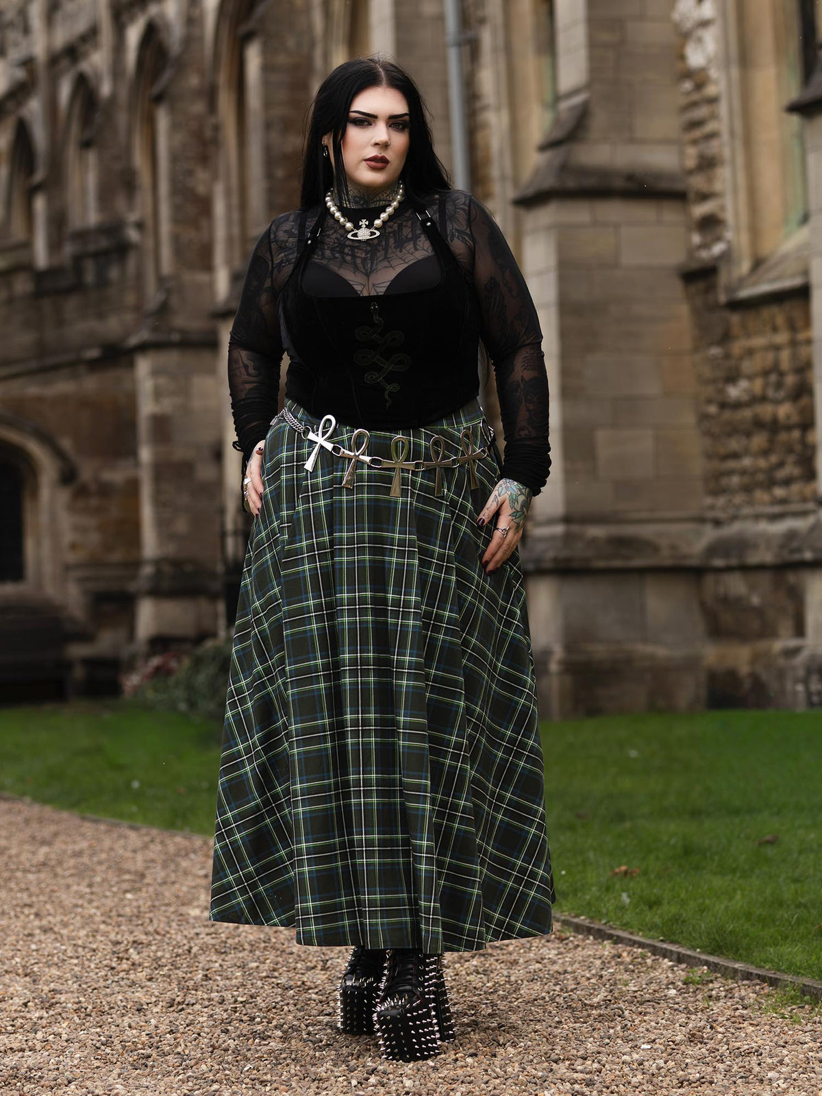 Islay Jersey-Maxirock in A-Linie - Green Tartan