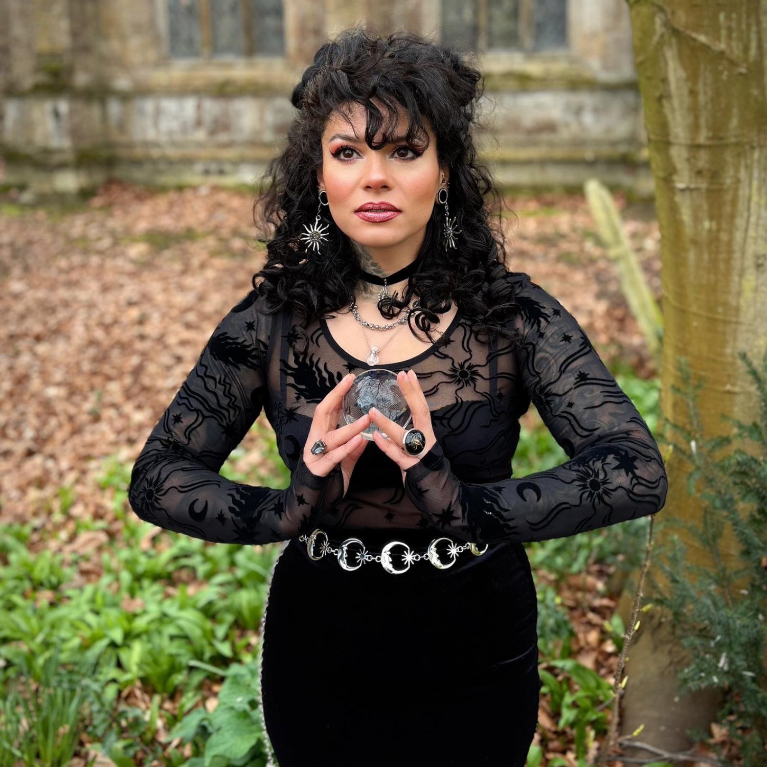 Celestial Flock Mesh Top - Schwarz