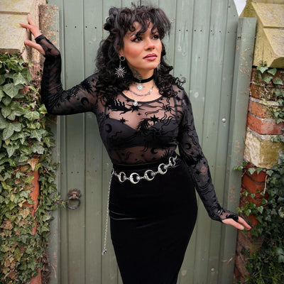 Celestial Flock Mesh Top - Schwarz