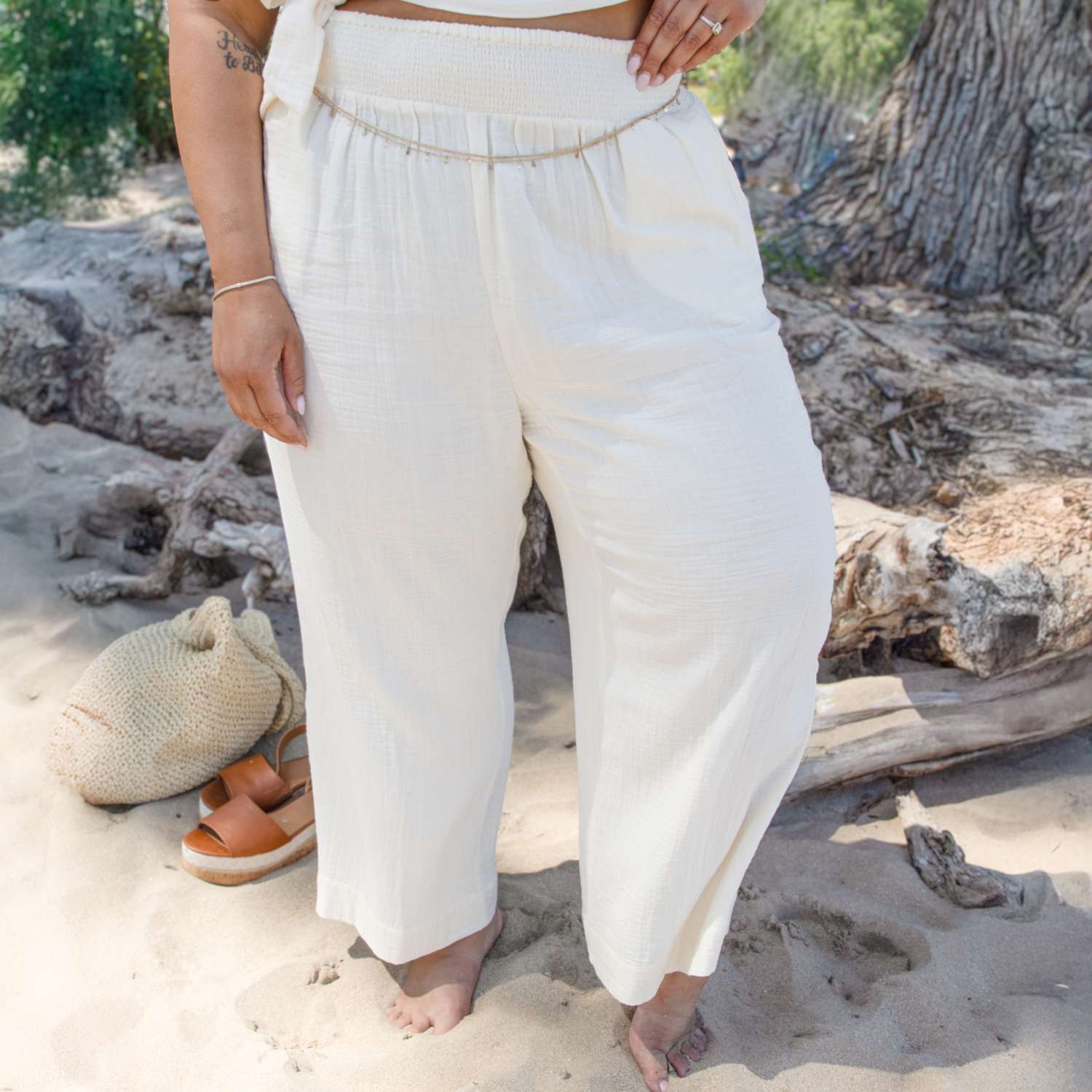Noor Weite Hose aus Baumwoll-Musselin – Creme
