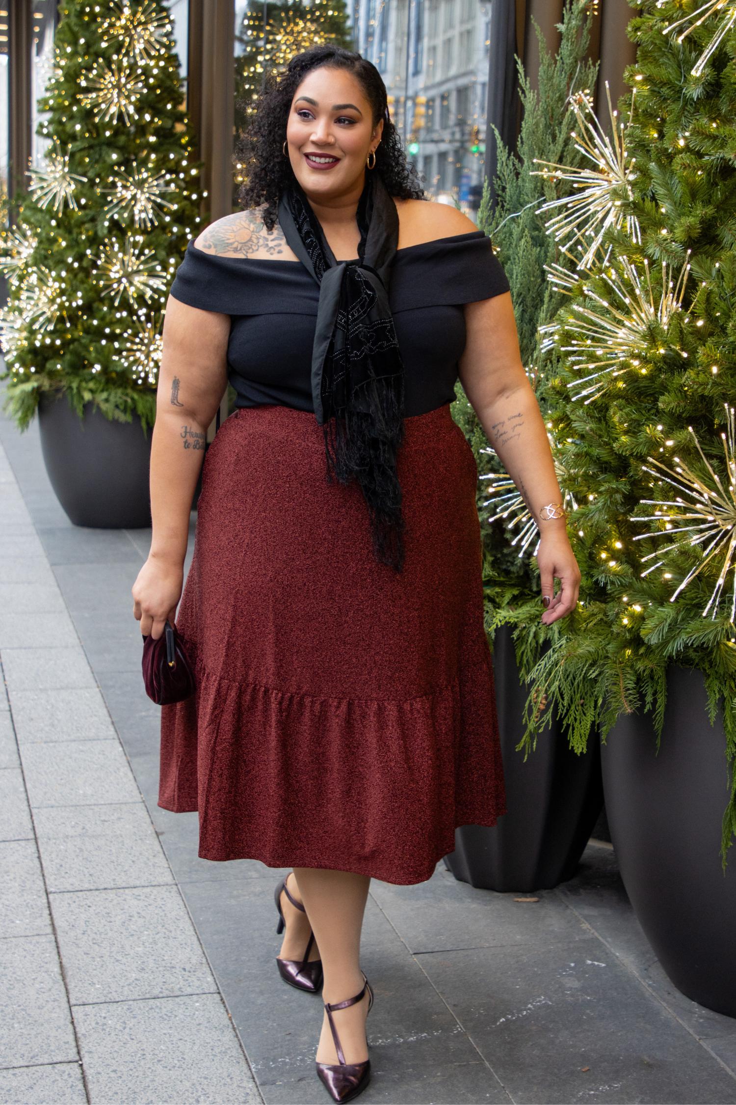 Spódnica midi z lureksu, warstwowa - Bordeaux