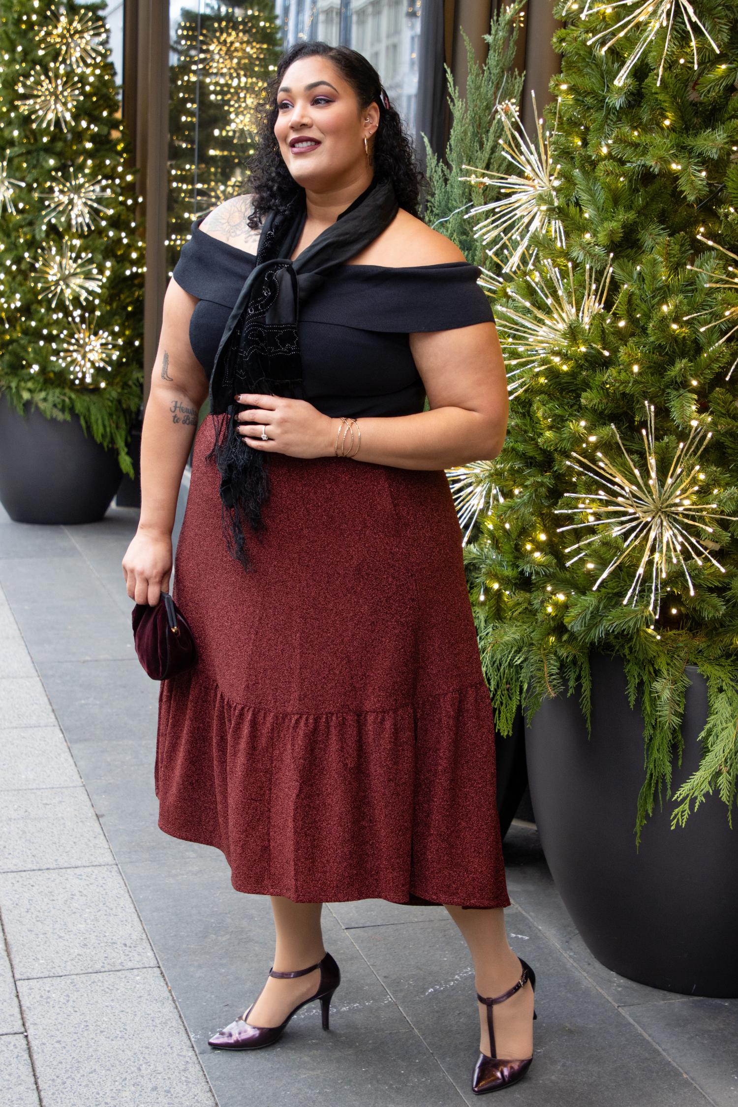 Spódnica midi z lureksu, warstwowa - Bordeaux