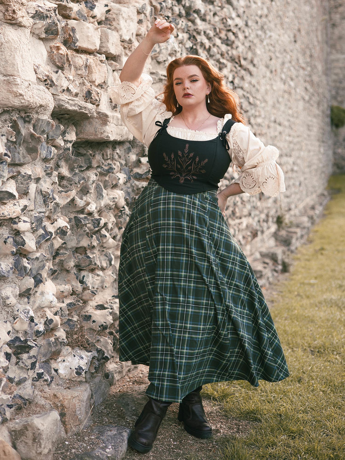 Islay Jersey-Maxirock in A-Linie - Green Tartan
