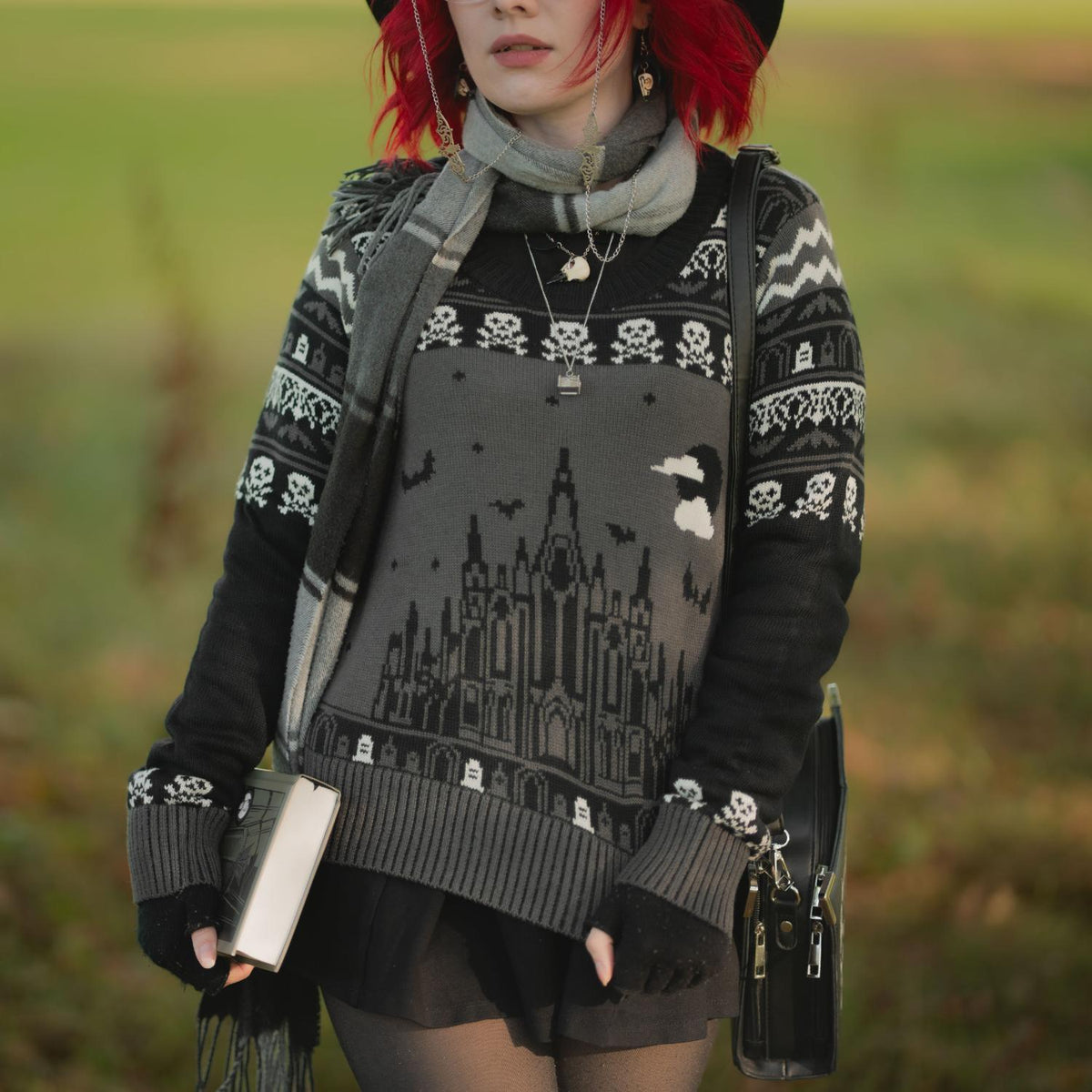 Fair Isle Pullover – Haunted House – Schwarz/Grau