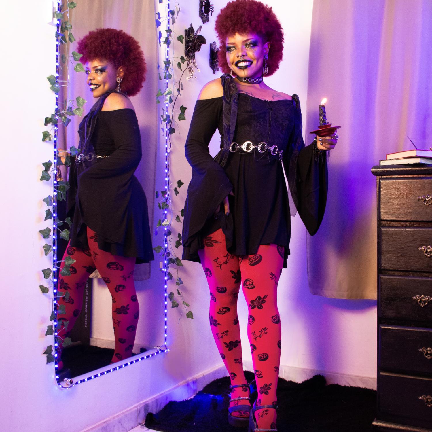 80 Denier Strumpfhosen - Danu Skull Flower - Blood Red