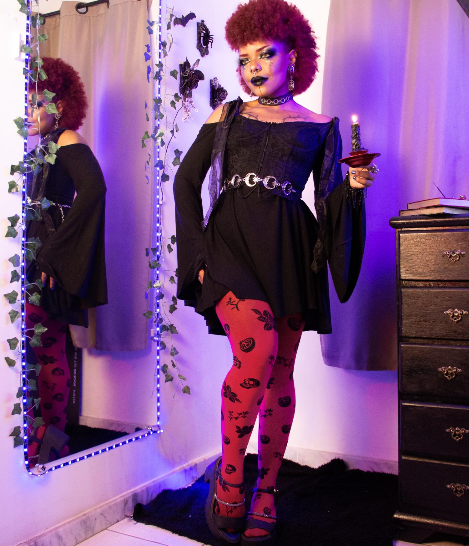 80 Denier Strumpfhosen - Danu Skull Flower - Blood Red