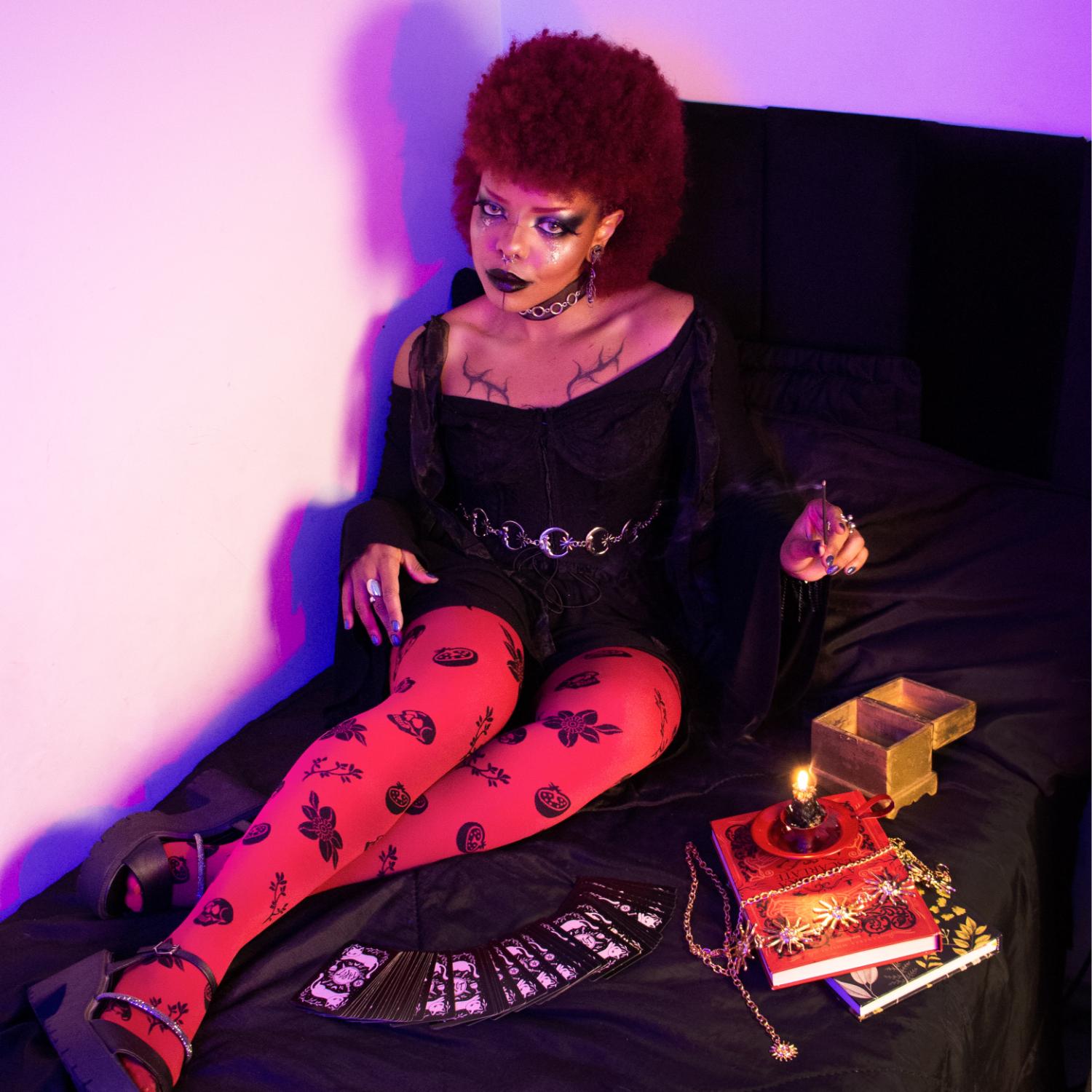 80 Denier Strumpfhosen - Danu Skull Flower - Blood Red