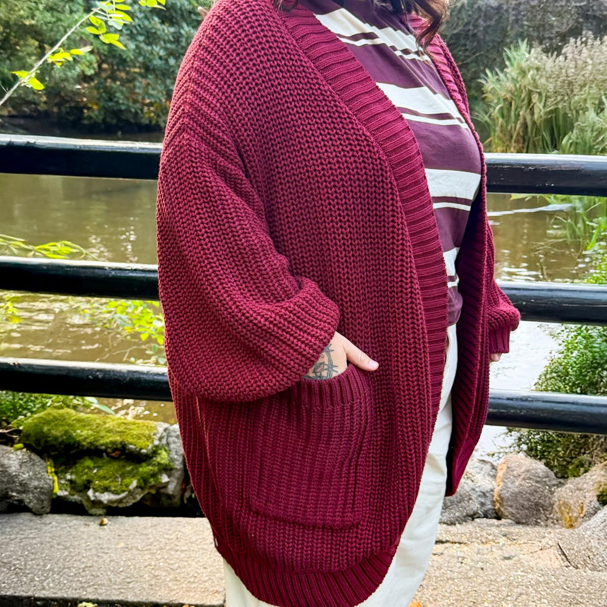 Chunky Baumwoll-Strickjacke – Bordeaux