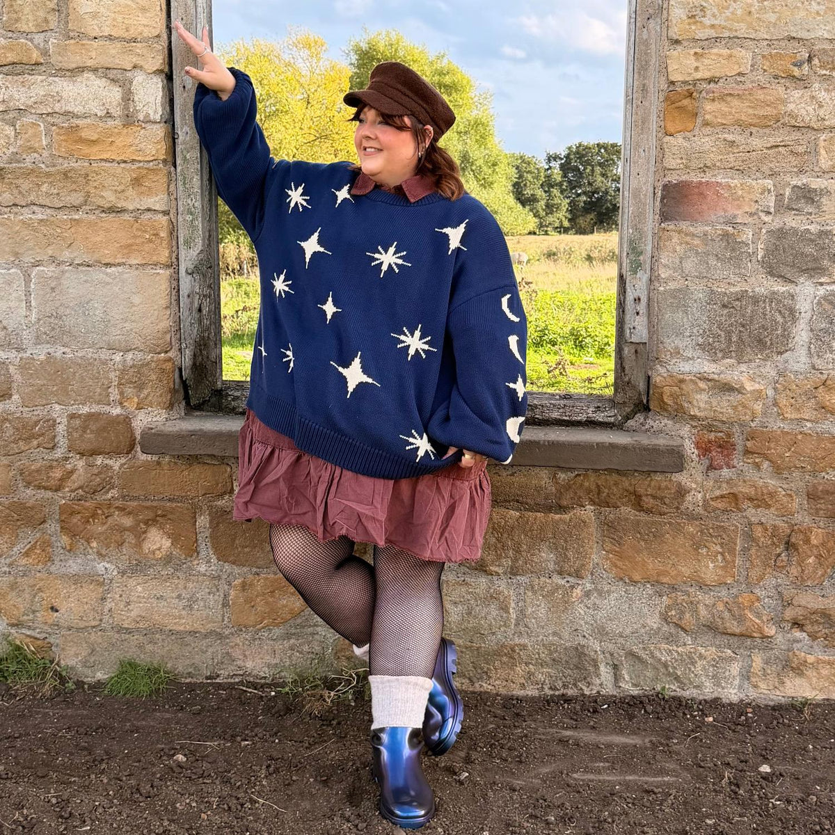 Chunky Strickpullover – Stars – Navy/Creme
