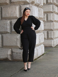 Ottoman Langärmliger Wickel-Jumpsuit - Schwarz - A/B (32-34)