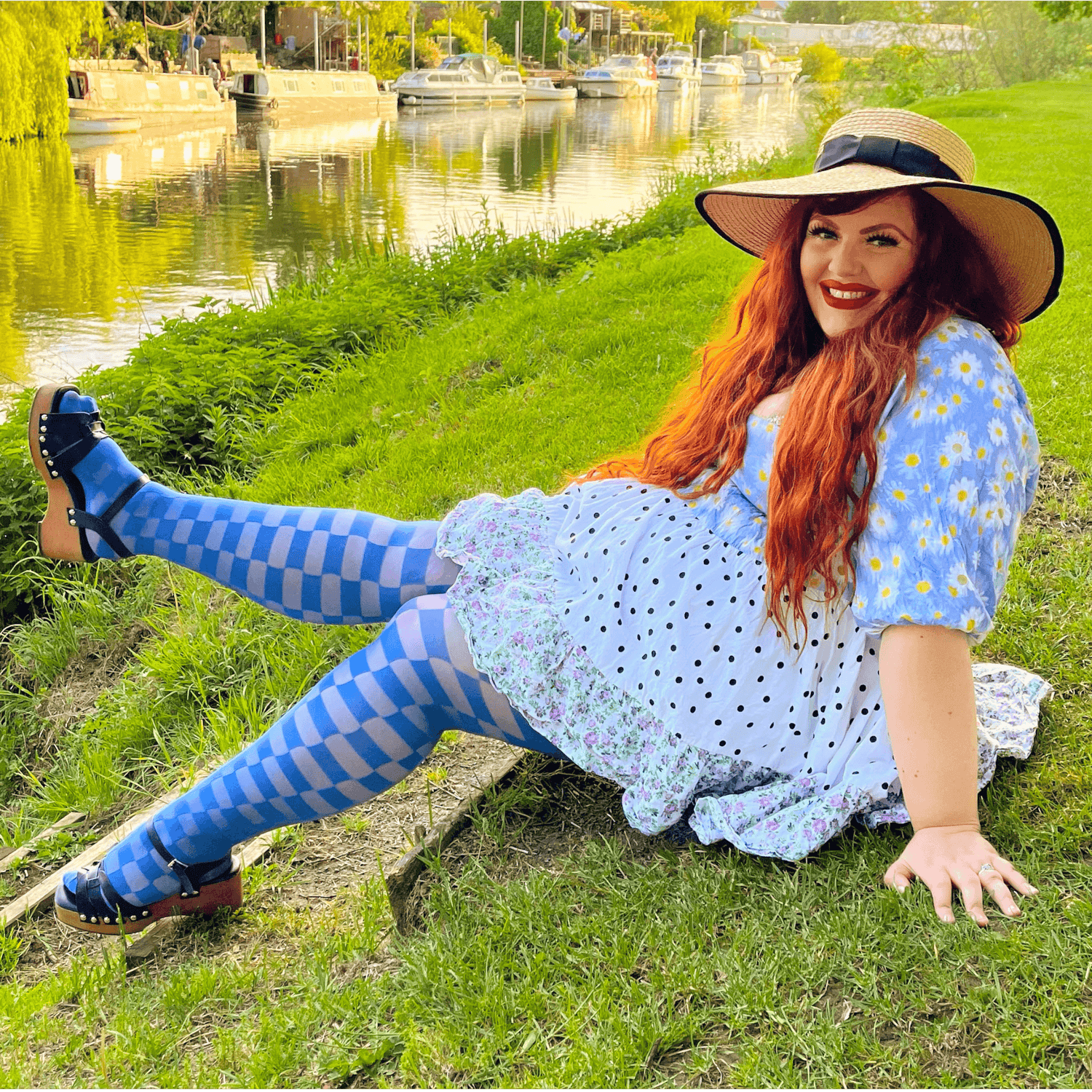 Woman wearing blue checkboard racy tights